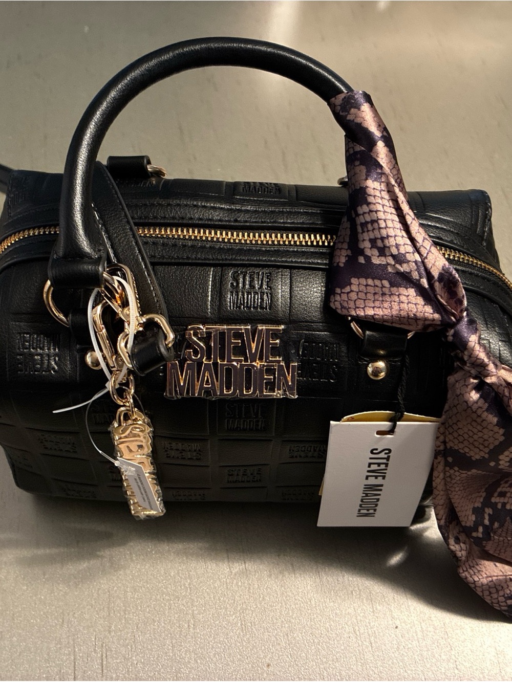 Steve Madden Black Badalise Embossed Satchel with Gold Accents and Scarf Detail